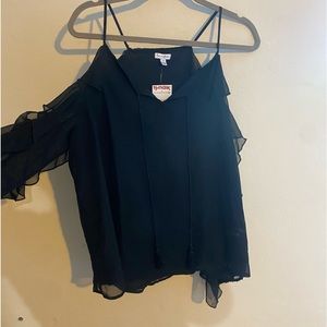 Black open shoulder top with ruffle detailed sleeves